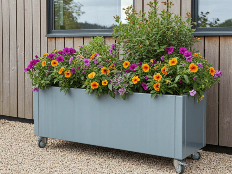 Plantekasse i galvanisert stål fra CUBY på hjul med blomstrende planter