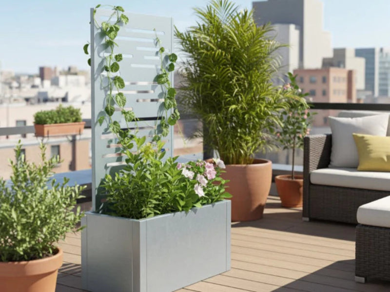 Høybed i galvanisert stål fra CUBY med espalier i hage