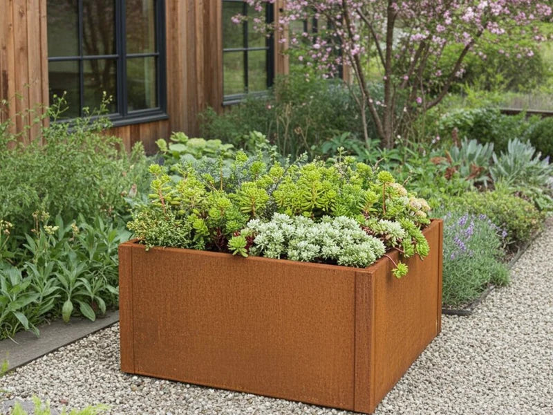 Kvadratisk plantekasse i cortenstål fra CUBY med sedum og stauder