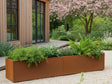 Lang CUBY plantekasse i cortenstål med stauder ved moderne hus
