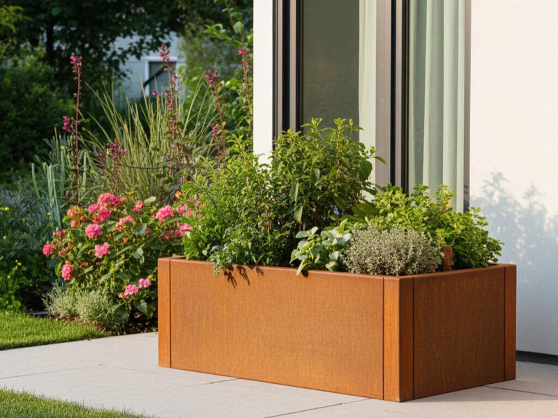 CUBY plantekasse i cortenstål med planter på terrasse