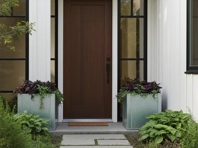 To lave kvadratiske CUBY plantekasser i galvanisert stål plassert symmetrisk ved inngangsparti