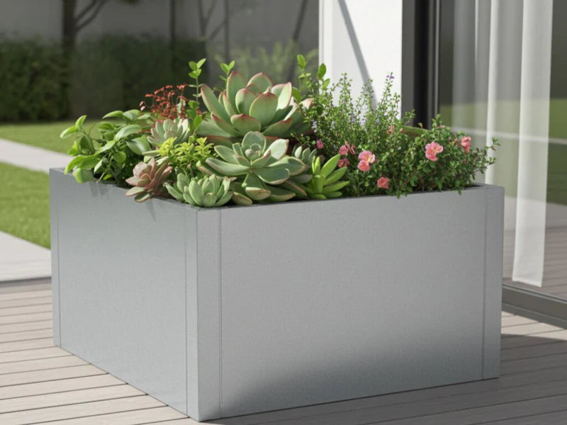 CUBY plantekasse i galvanisert stål med sukkulenter på terrasse