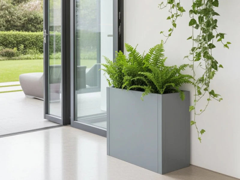 CUBY plantekasse i galvanisert stål med bregner plassert i lyst hjørne