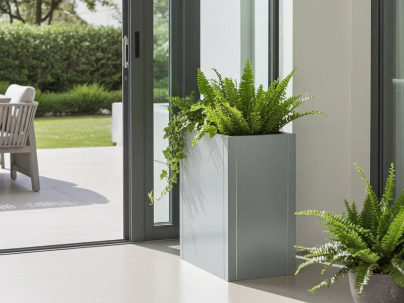 CUBY plantekasse i galvanisert stål med grønn beplantning innendørs