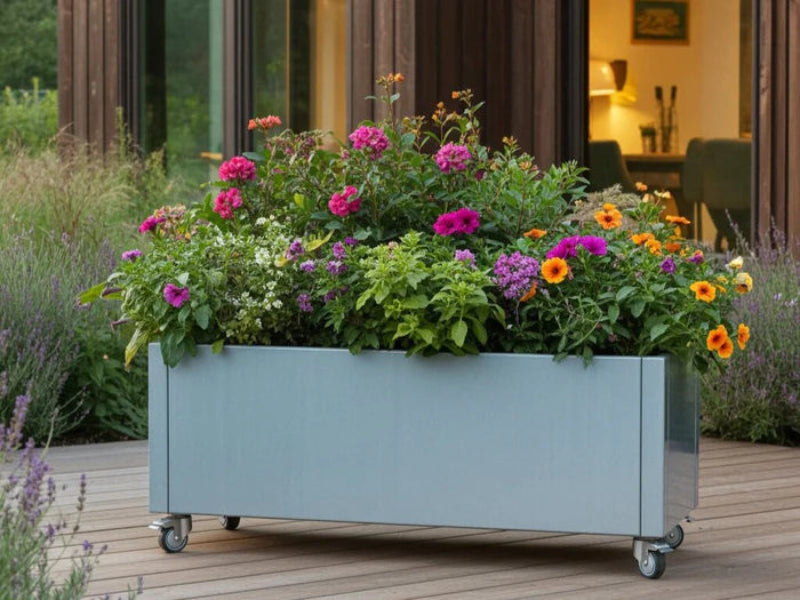 CUBY plantekasse i galvanisert stål på hjul med fargerike blomster