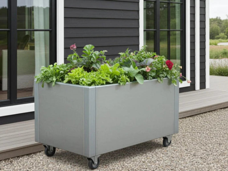 Flyttbar plantekasse i galvanisert stål med hjul og grønnsaker