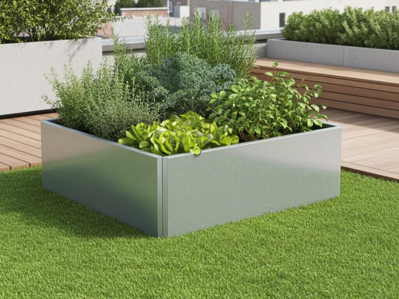 Kvadratisk EDGY høybed med frodig beplantning på takterrasse