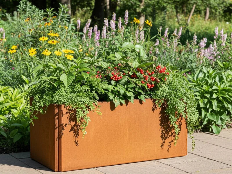 EDGY kompakt rektangulær plantekasse i cortenstål i naturhage