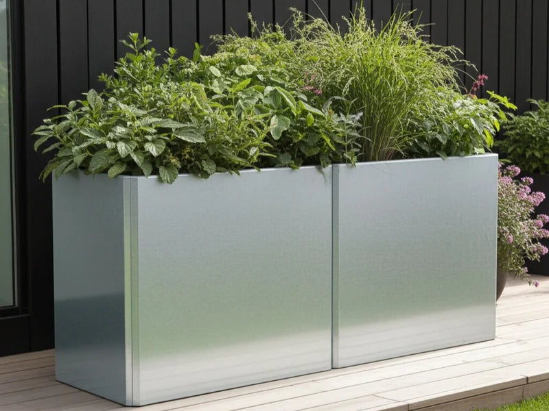 To sammenkoblede EDGY plantekasser i galvanisert stål ved mørk fasade