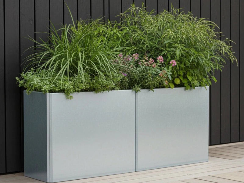 Lang EDGY plantekasse i galvanisert stål med tett grønn beplantning