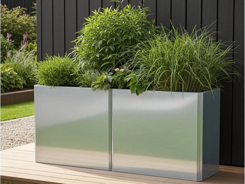 EDGY plantekasser i galvanisert stål med busker og prydgress