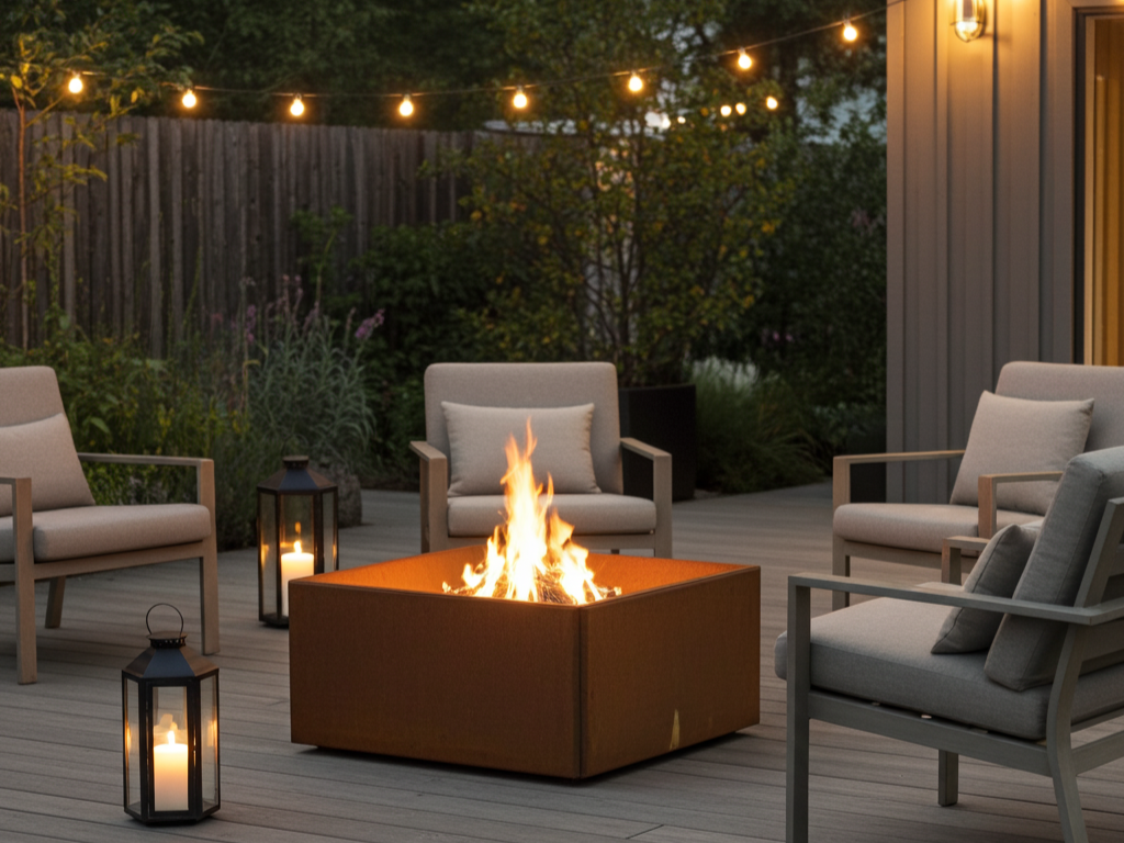 Stemningsbilde av bålplass i cortenstål på terrasse om kvelden