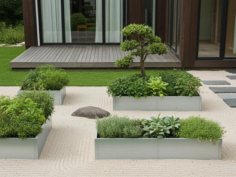 Høybed i galvanisert stål med planter og bonsaitre i minimalistisk zenhage