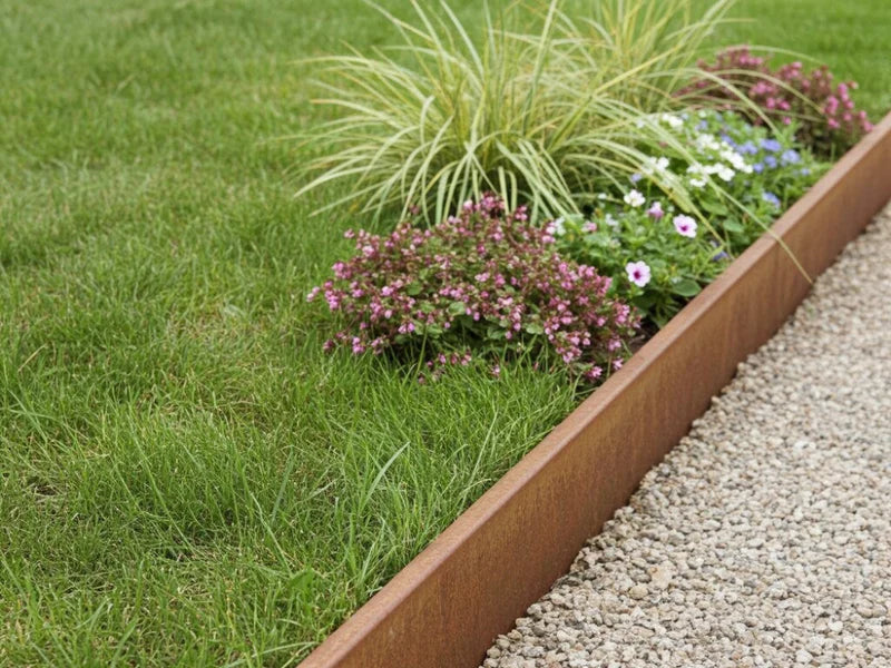 Gresskant i cortenstål mellom plen og blomsterbed