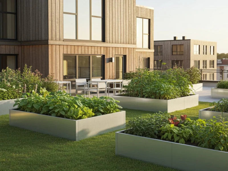 Høybed i galvanisert stål med planter i moderne boligområde