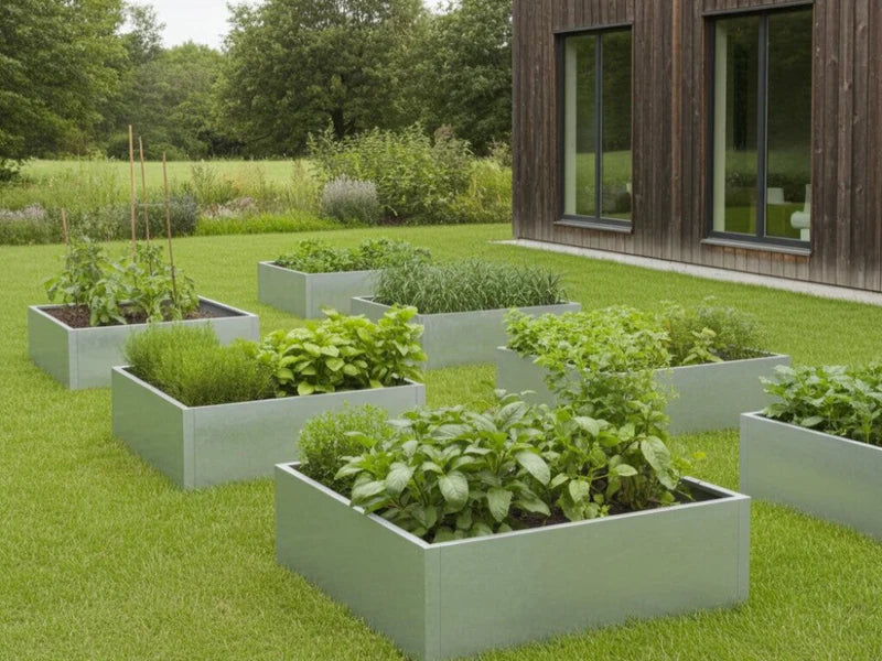 Høybed i galvanisert stål med grønnsaker og urter i kjøkkenhage på plen