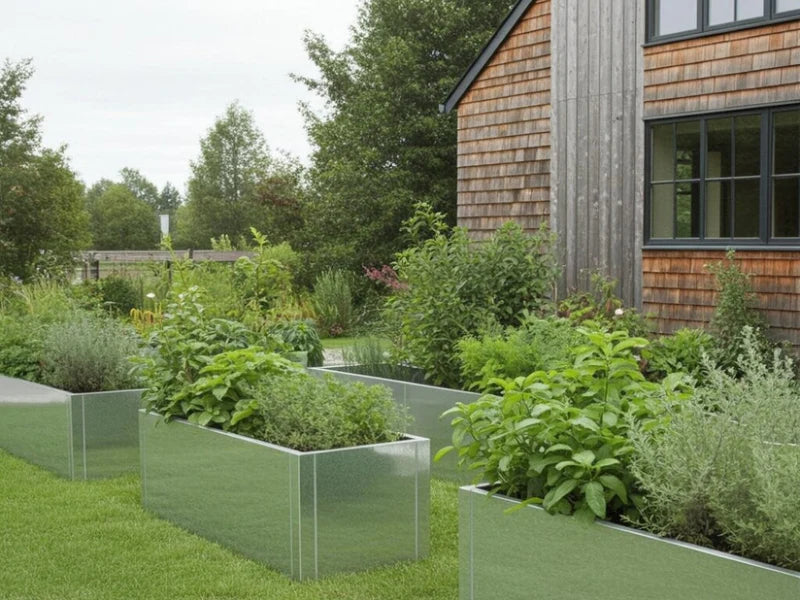 Høybed i galvanisert stål med planter langs fasade i naturhage