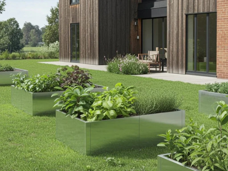 Høybed i galvanisert stål med planter i villahage ved terrasse