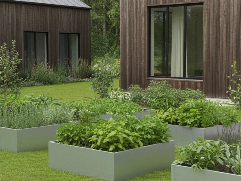 Flere høybed i galvanisert stål med planter i moderne villahage