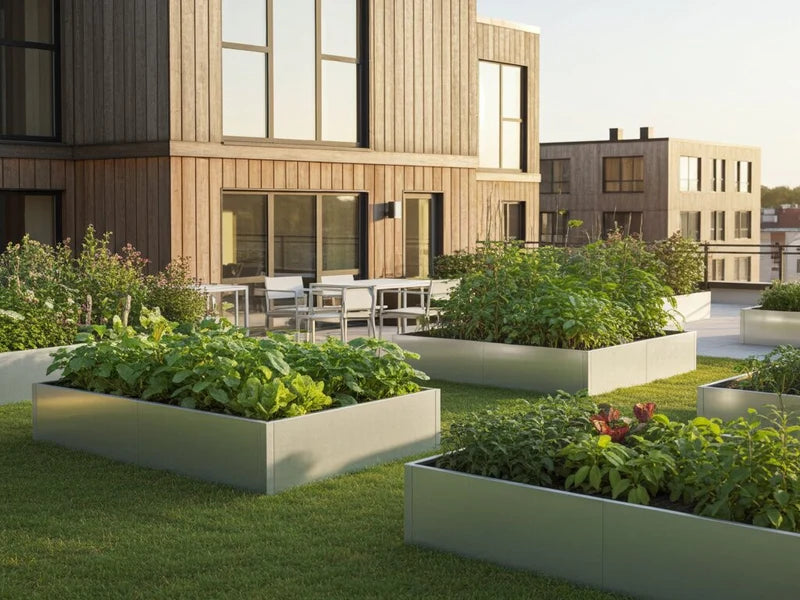 Høybed i galvanisert stål med grønnsaker på moderne takterrasse