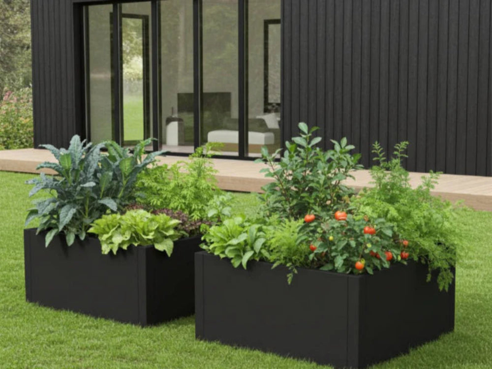 Svart høybed i metall CUBY med salat og grønnsaker foran moderne bolig