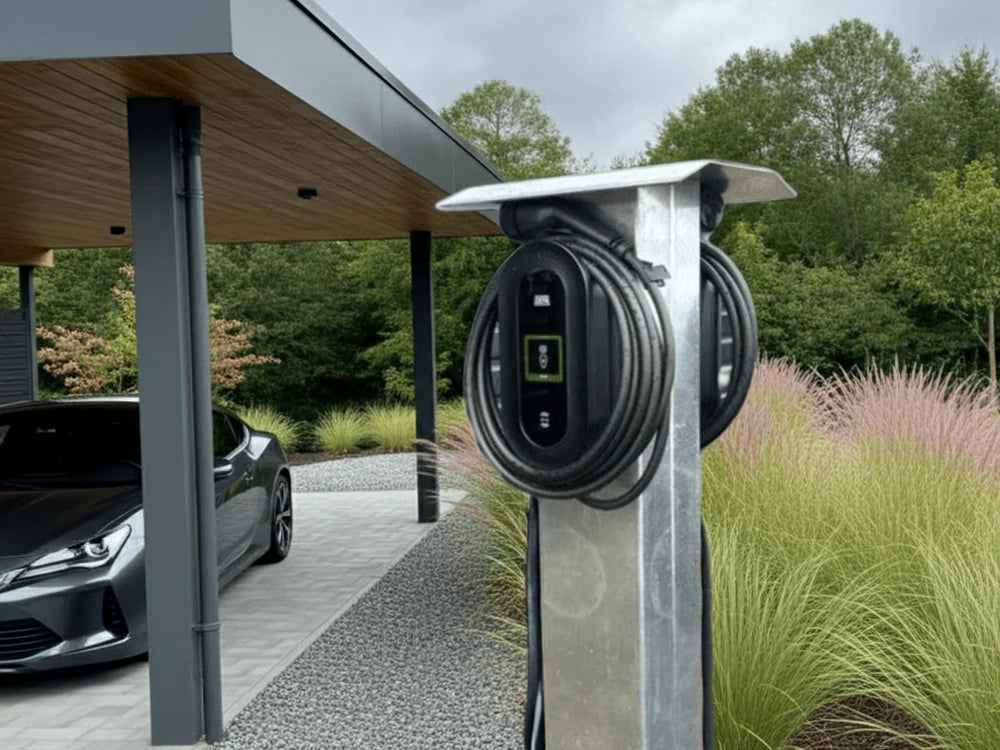 Detaljbilde av ladestasjon i galvanisert stål med kabelholder