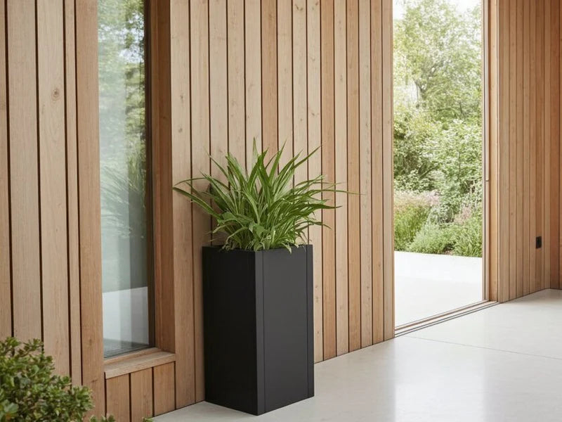 Plantekrukke i svart stål ved moderne trefasade
