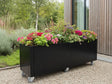 Mobil plantekasse i svart stål med sommerblomster på hjul