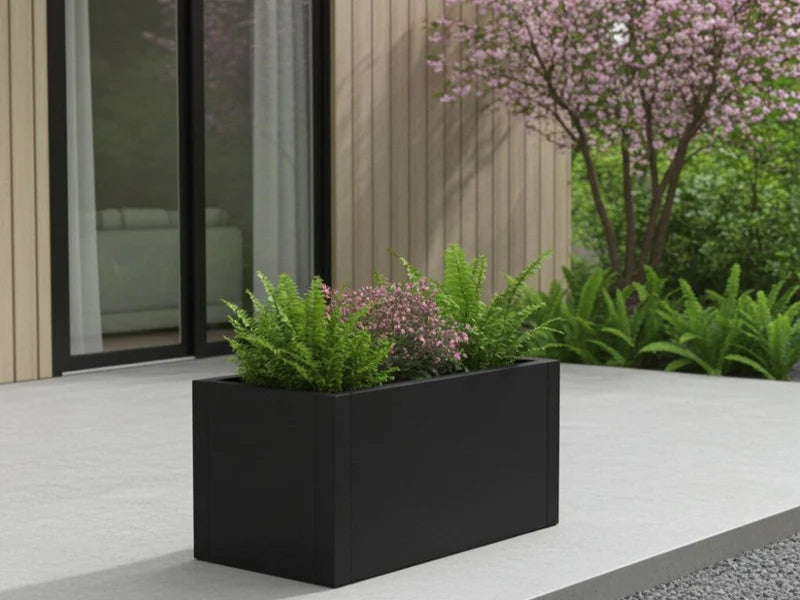 Plantekasse i svart stål med bregner og blomstrende planter