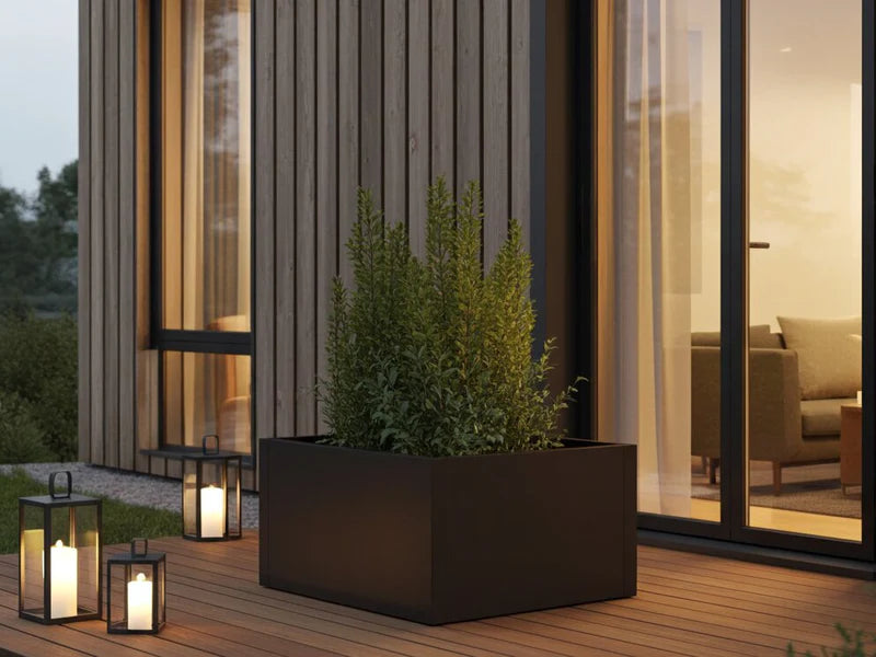 Svart plantekasse i stål med busker i kveldslys