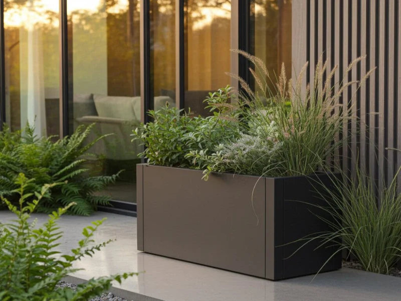 Plantekasse i svart stål med prydgress ved moderne terrasse