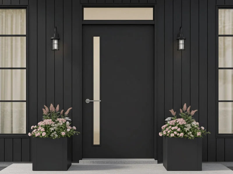 Plantekasser i svart stål med blomster plassert ved inngang