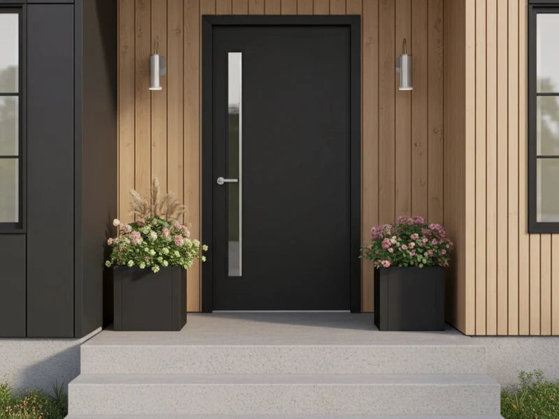 Plantekasser i svart stål med blomster ved inngangsparti