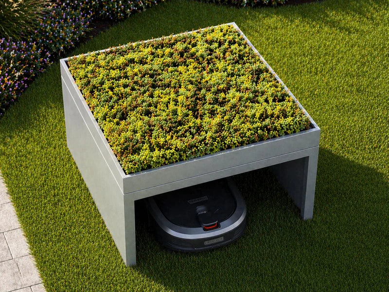 Robotgressklipper garasje i galvanisert stål med beplantning
