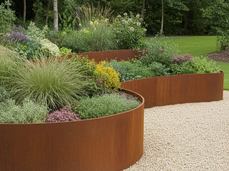 Buet støttemur i cortenstål rundt blomsterbed ved grussti