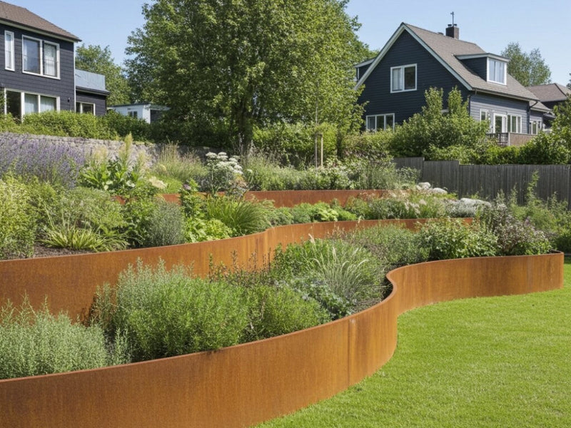 Buet støttemur i cortenstål i skrånende hage