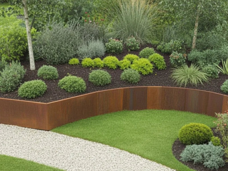 Buet støttemur i cortenstål med stauder i hagedesign