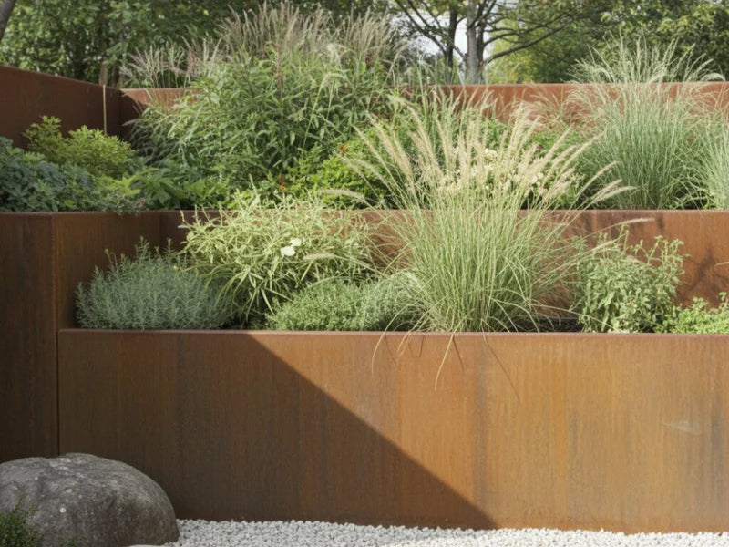 Støttemur i cortenstål med prydgress i terrassert hagebed
