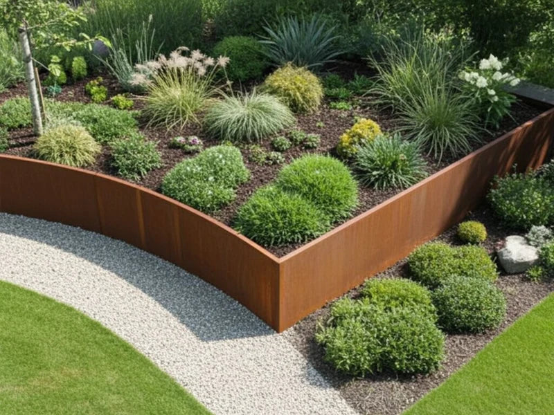 Støttemur i cortenstål med hjørne rundt plantebed