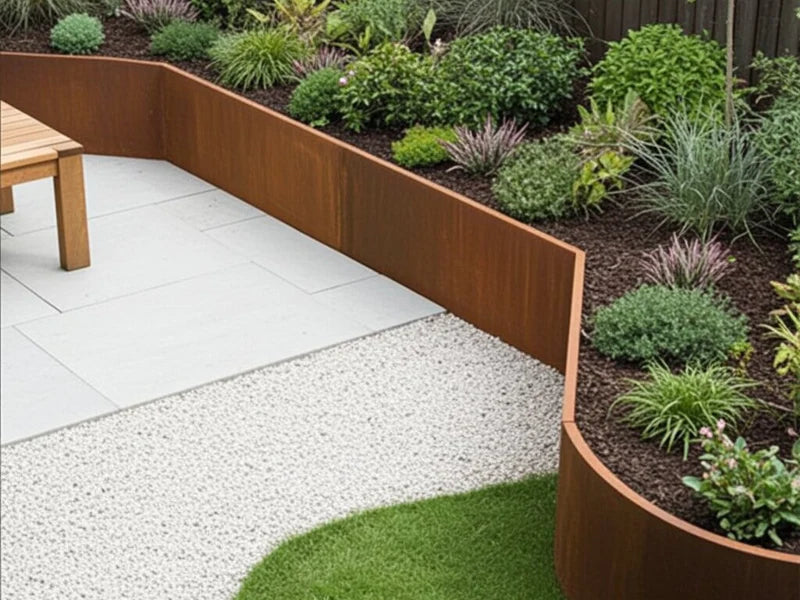 Innvendig hjørne 45 grader til støttemur i cortenstål ved terrasse