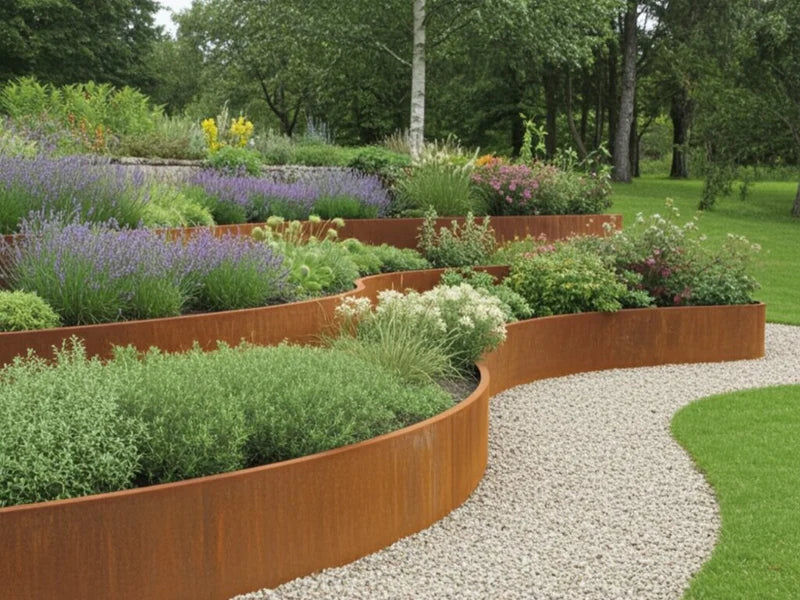 Organisk formet støttemur i cortenstål med stauder