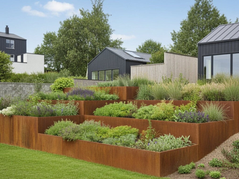 Terrasserte plantebed med støttemur i cortenstål