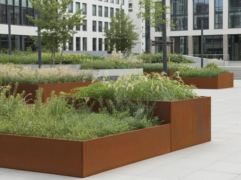 Støttemur og plantebed i cortenstål i moderne gårdsrom