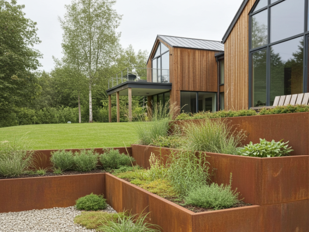Terrasserte støttemurer i cortenstål i boligområde
