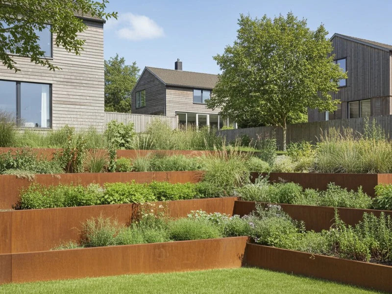 Terrassert støttemur i cortenstål i villahage