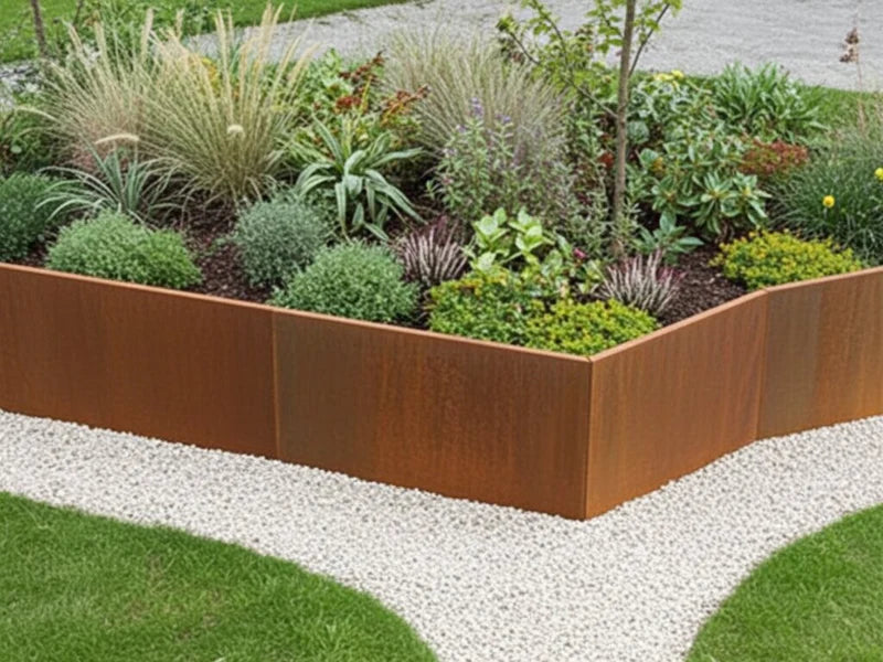 Utvendig hjørne 45 grader til støttemur i cortenstål rundt blomsterbed