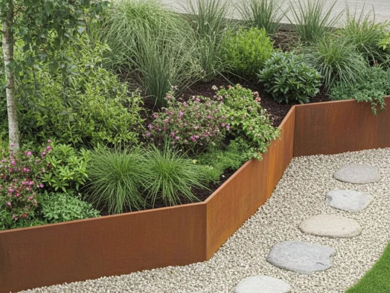 Utvendig hjørne 45 grader til støttemur i cortenstål ved grussti