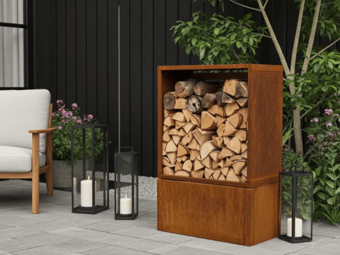 Moderne vedoppbevaring i cortenstål med sokkel for terrasse og hage