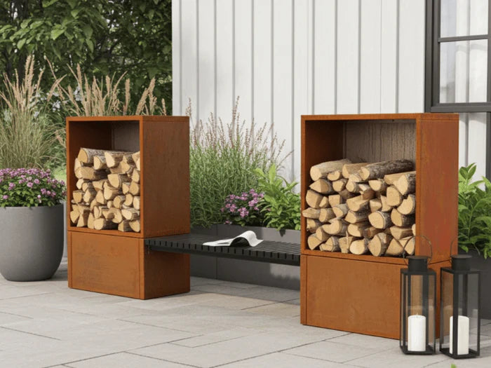 Vedstativ i cortenstål med sittebenk plassert ved moderne bolig